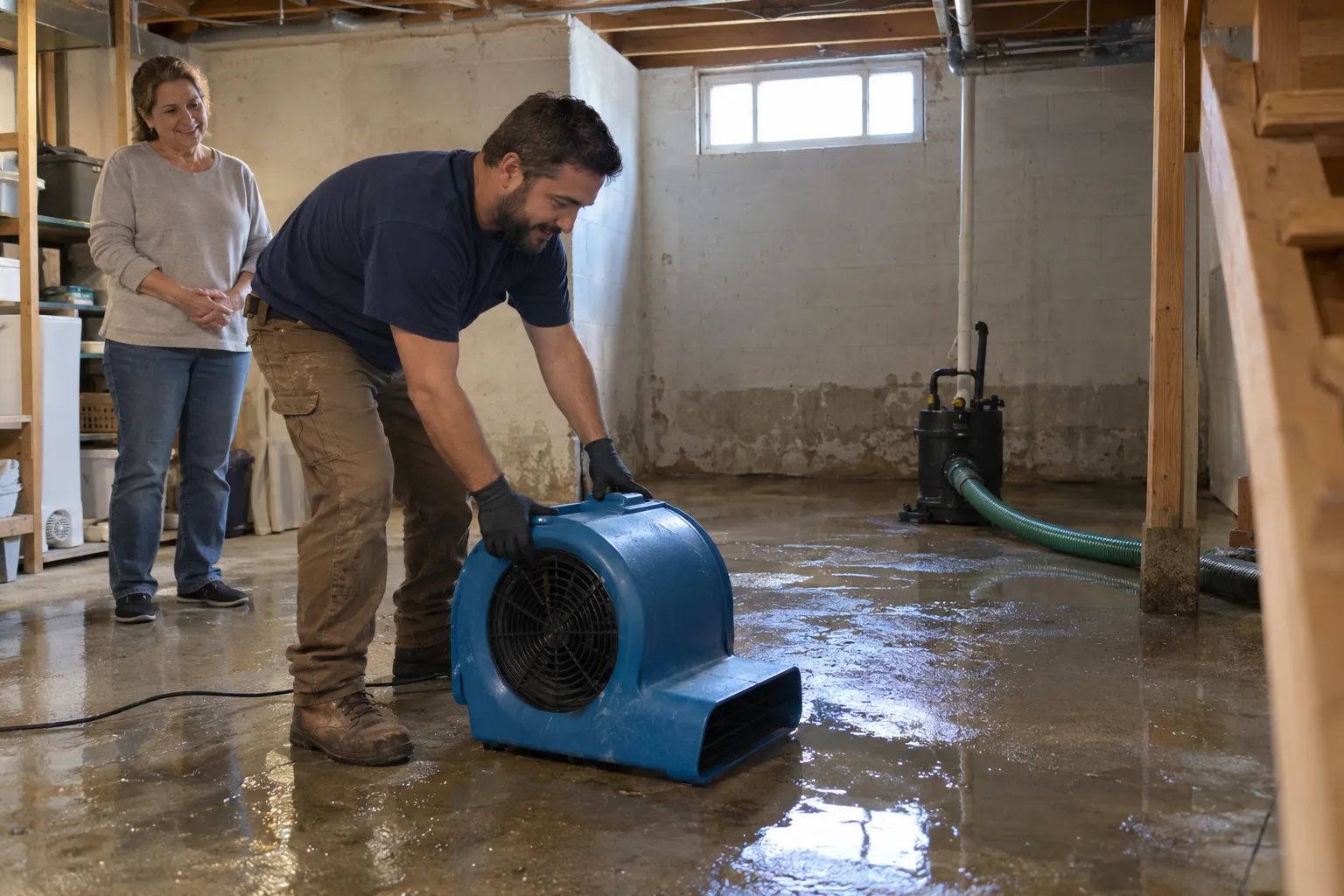 A provider setting up drying equipment in a flooded basement in the Greater Los Angeles area