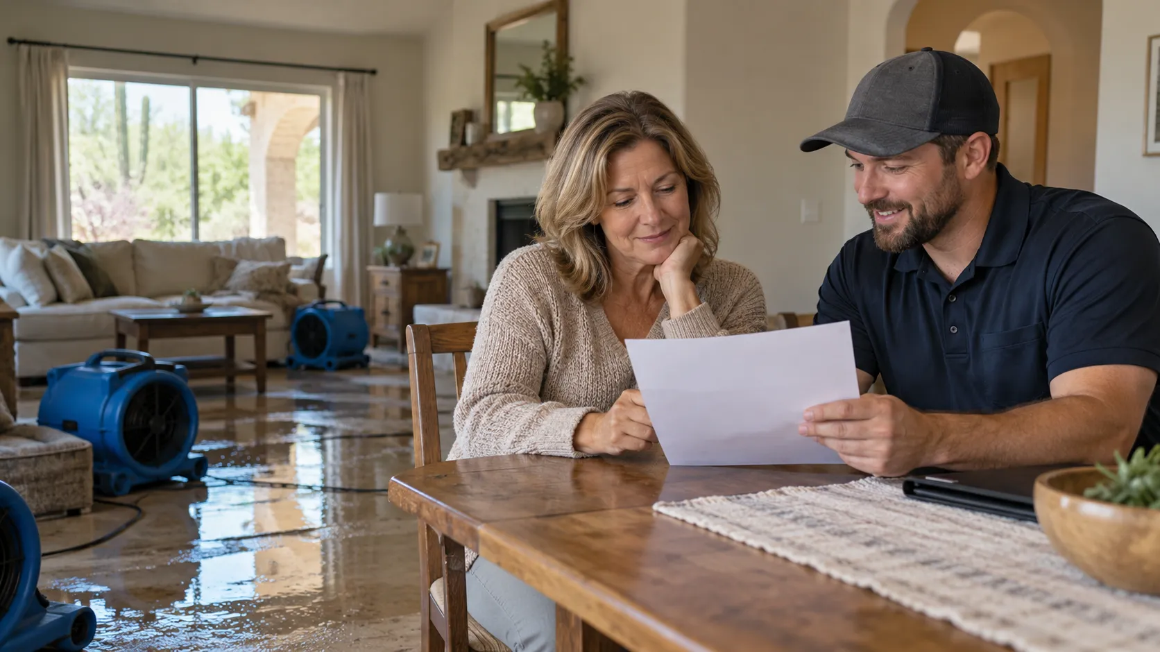 A homeowner in Los Angeles reviewing a written estimate in a living room after a water leak